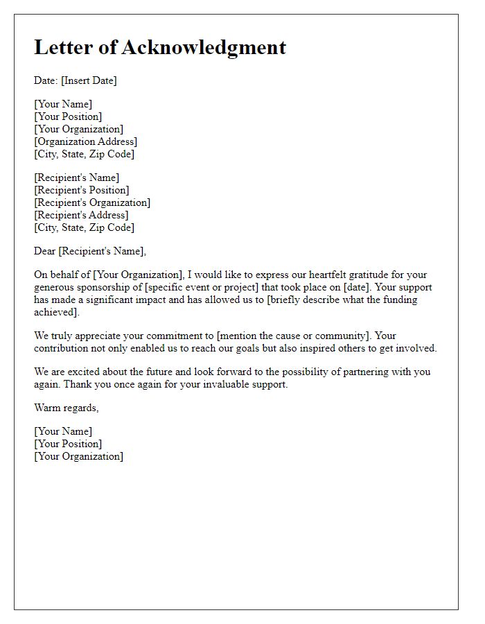 Letter template of acknowledgment for sponsorship funding