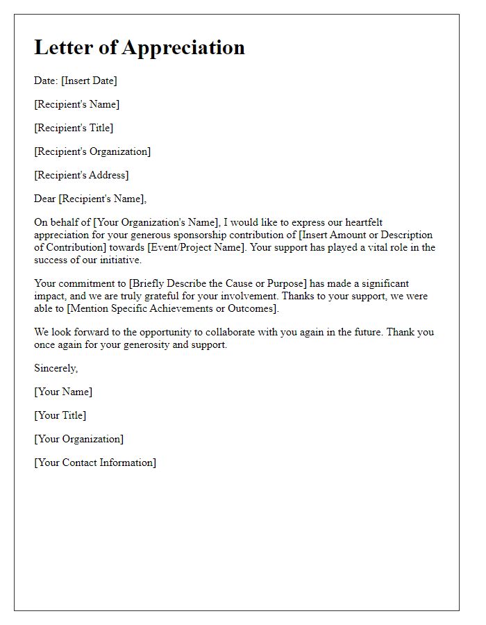 Letter template of appreciation for sponsorship contributions