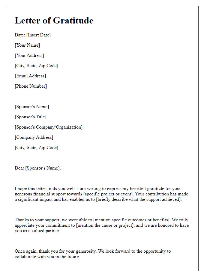 Letter template of gratitude for financial support from sponsors