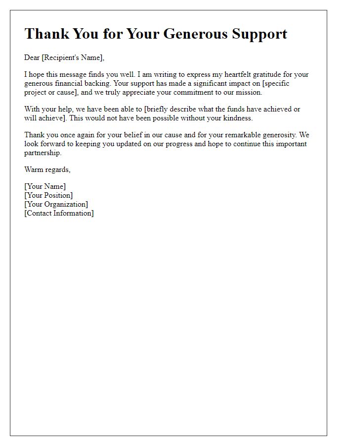 Letter template of thanks for generous financial backing