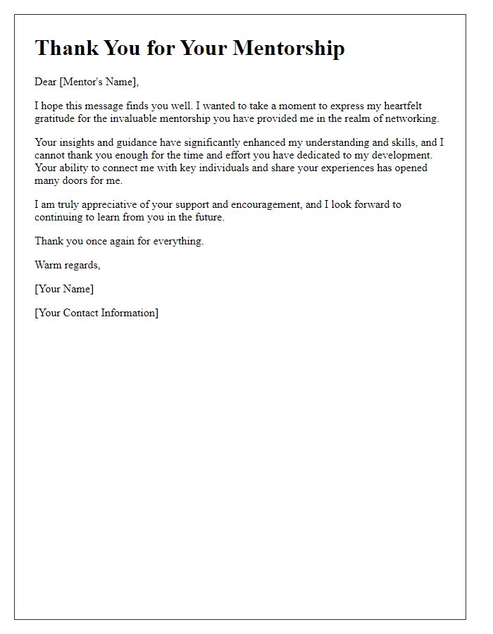 Letter template of thanks for your mentorship in networking.