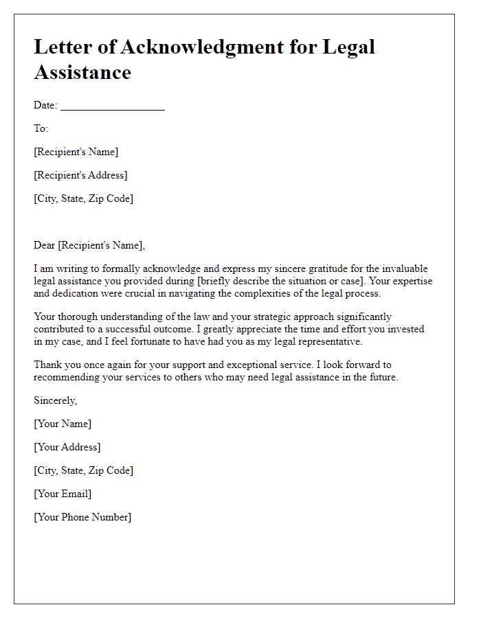 Letter template of acknowledgment for invaluable legal assistance