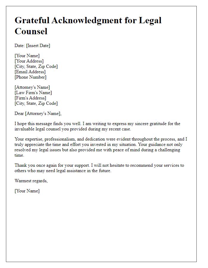 Letter template of grateful acknowledgment for legal counsel