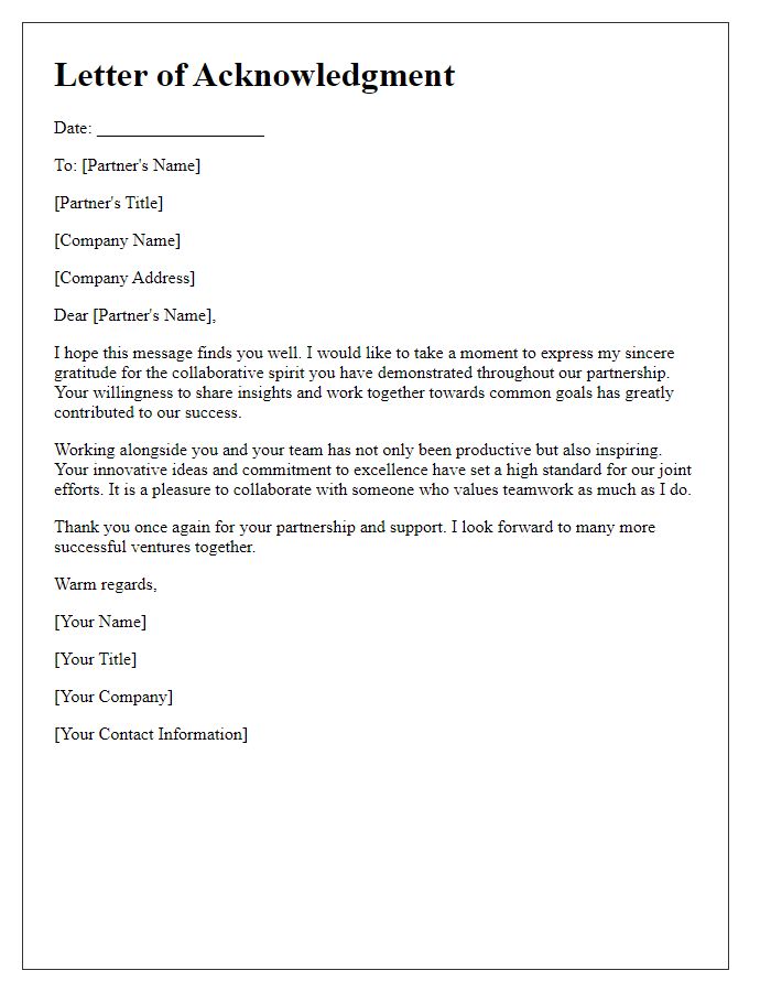 Letter template of acknowledgment for a partner's collaborative spirit