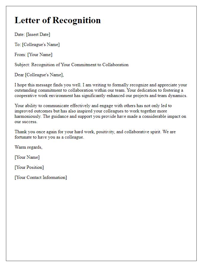 Letter template of recognition for a colleague's commitment to collaboration