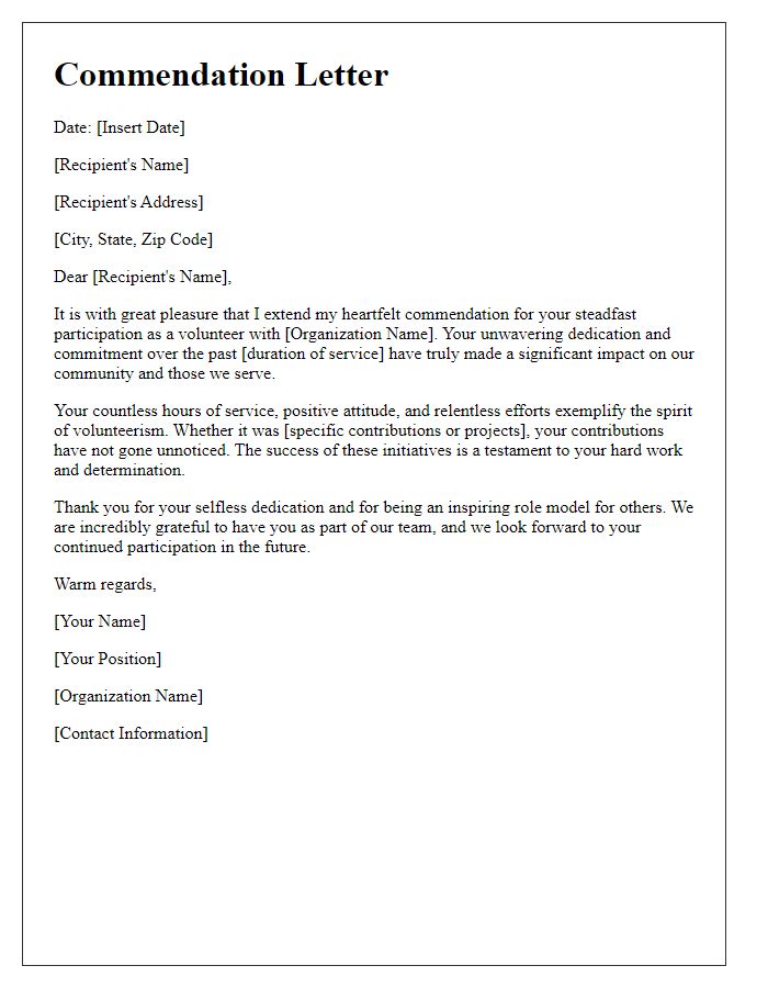 Letter template of commendation for steadfast volunteer participation