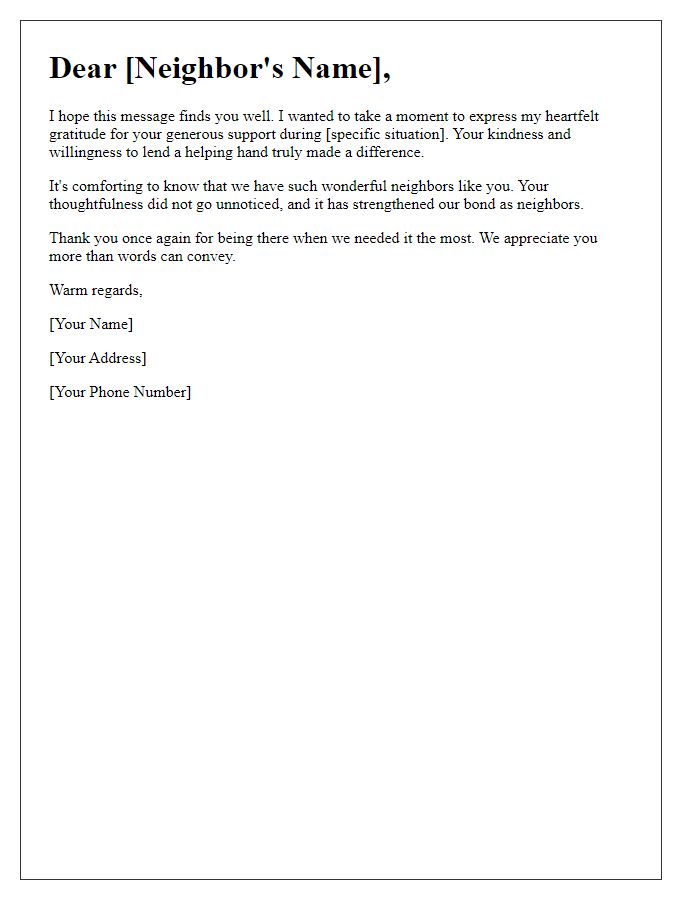 Letter template of sincere thanks for neighborly support.