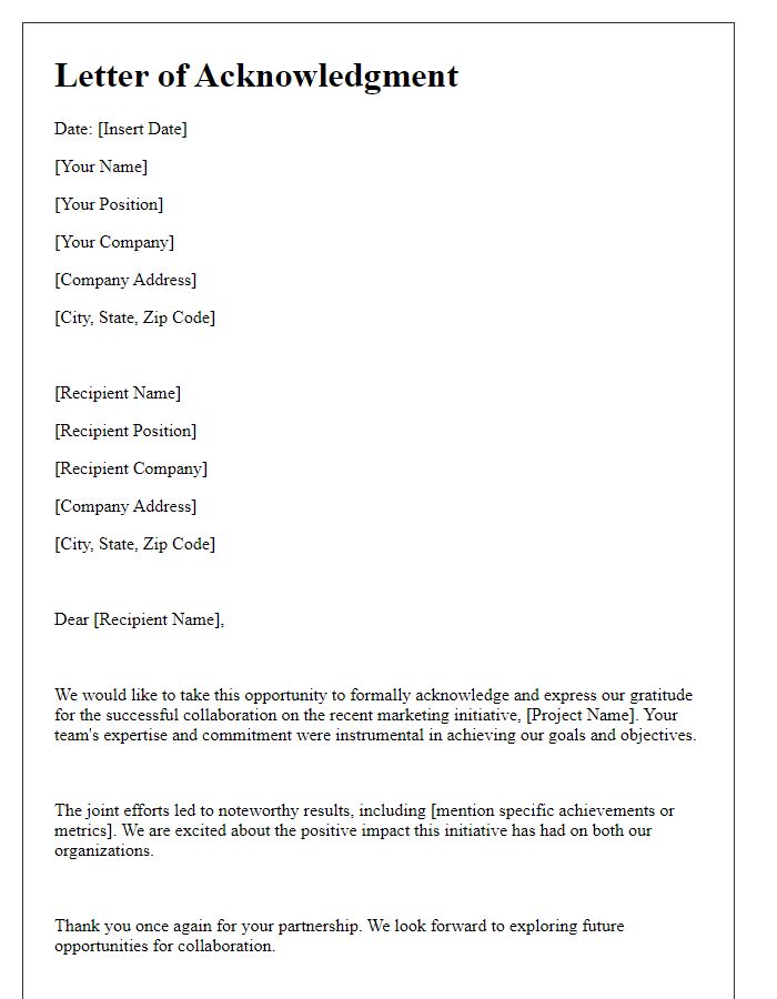 Letter template of acknowledgment for collaborative marketing initiative