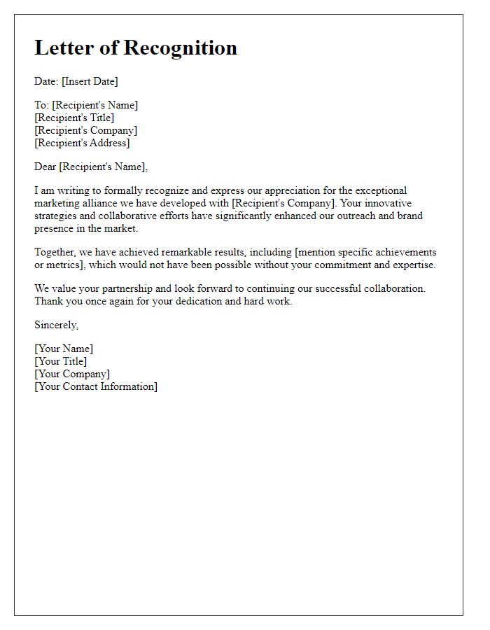 Letter template of recognition for effective marketing alliance