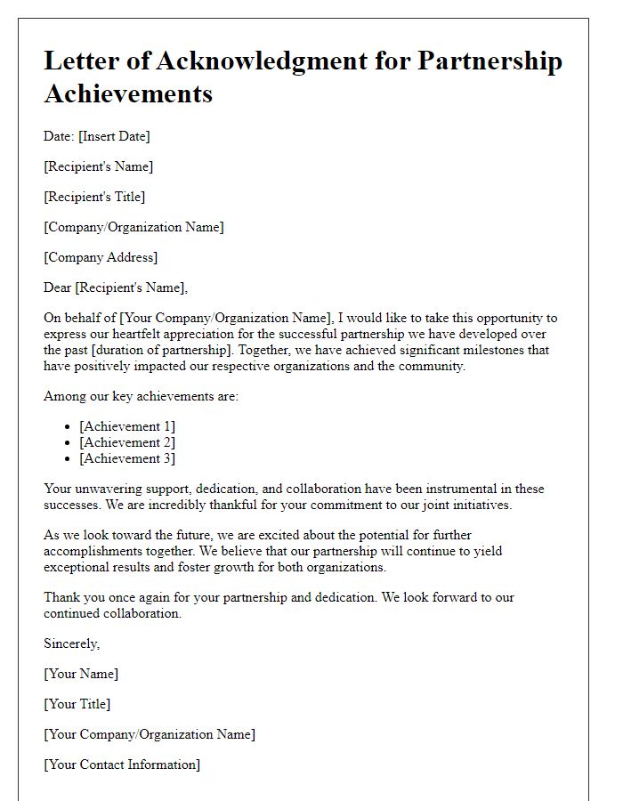 Letter template of acknowledgment for partnership achievements.