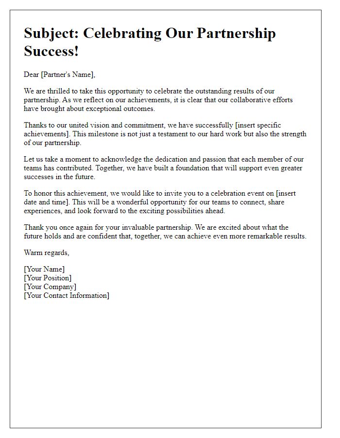 Letter template of celebration for partnership results.