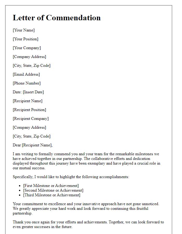 Letter template of commendation for partnership milestones.