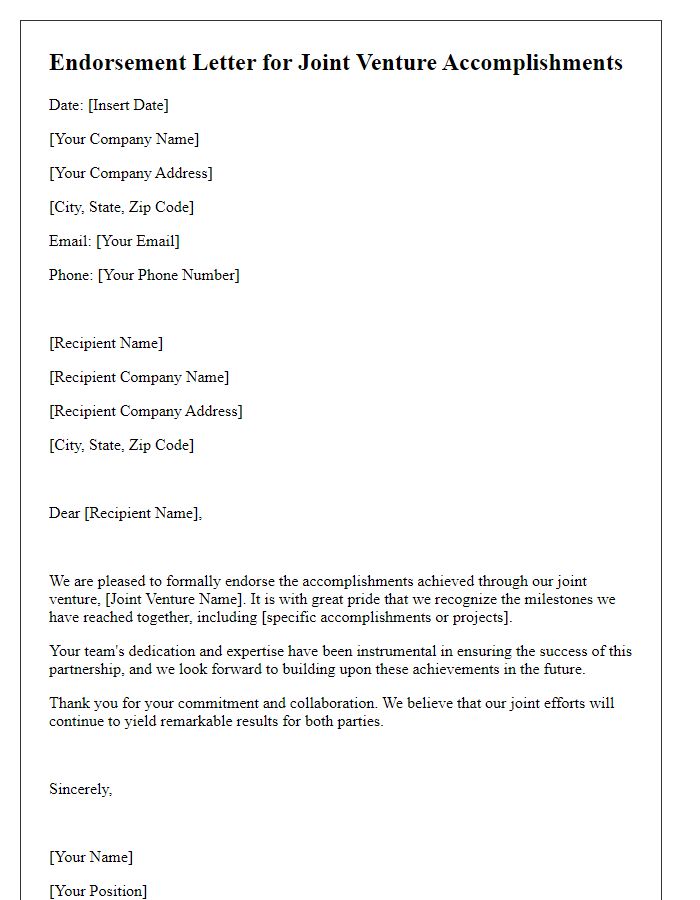 Letter template of endorsement for joint venture accomplishments.