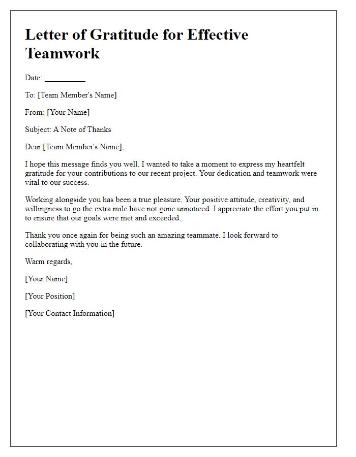 Letter template of gratitude for effective teamwork.