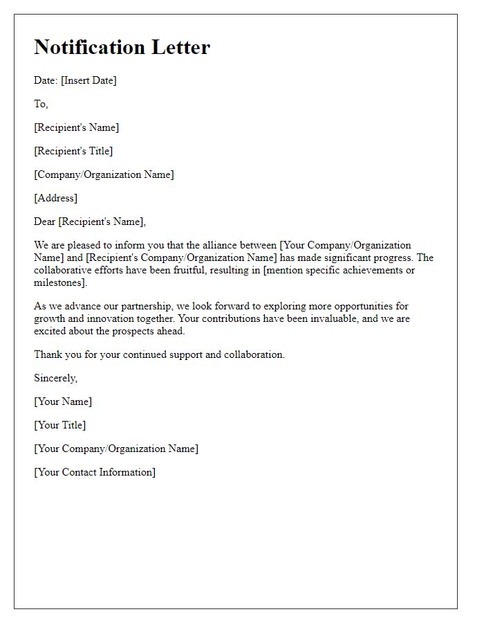 Letter template of notification for successful alliance progress.