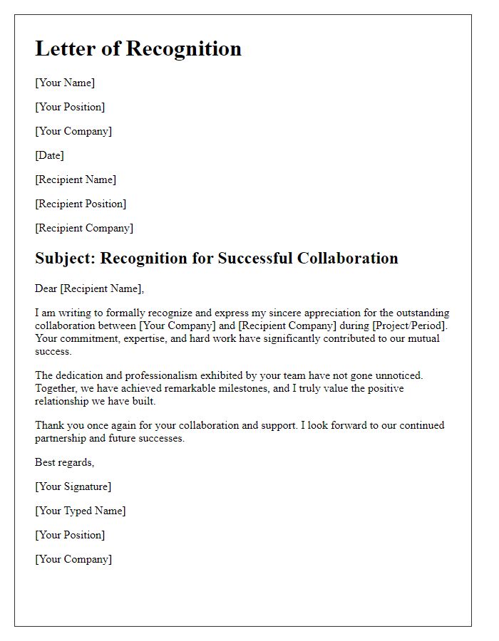 Letter template of recognition for successful collaboration.