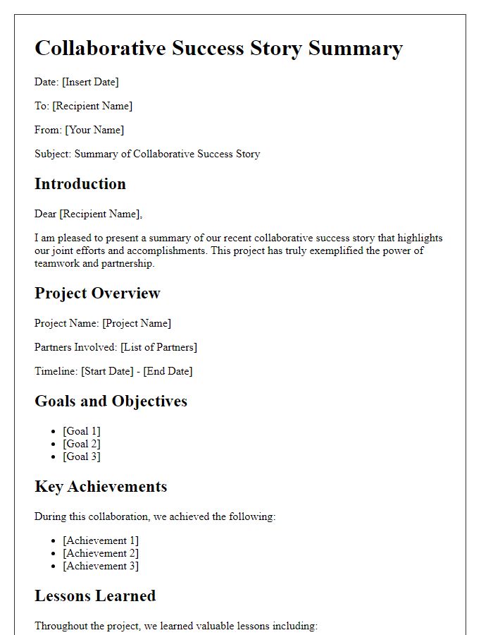 Letter template of summary for collaborative success stories.