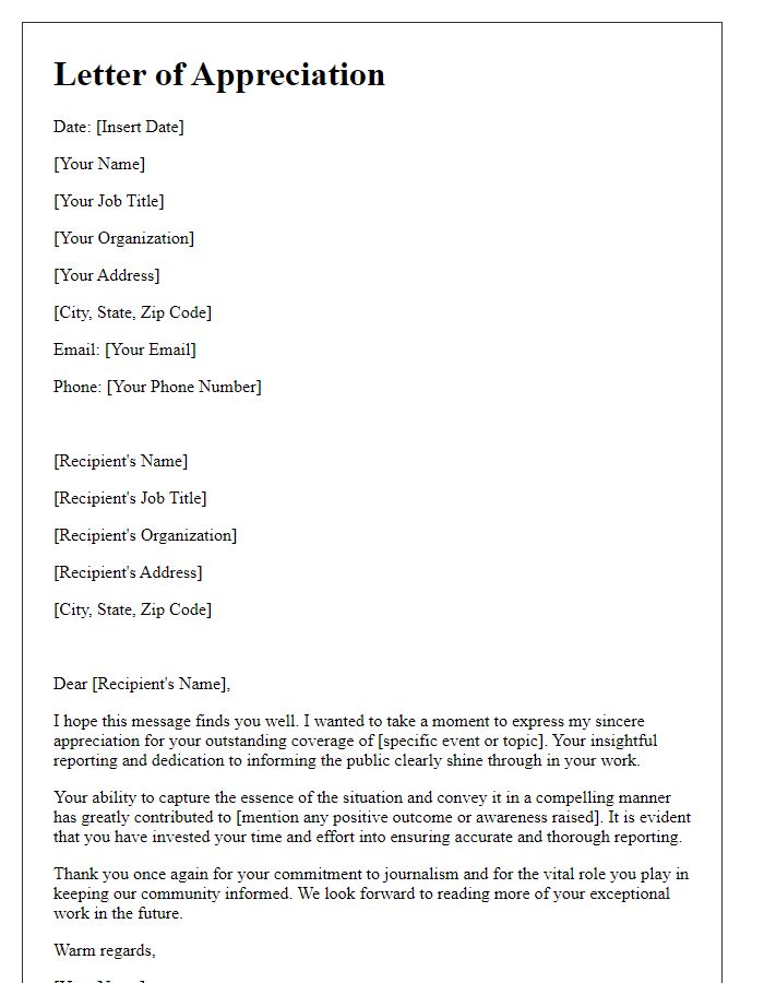 Letter template of appreciation for journalist's coverage.