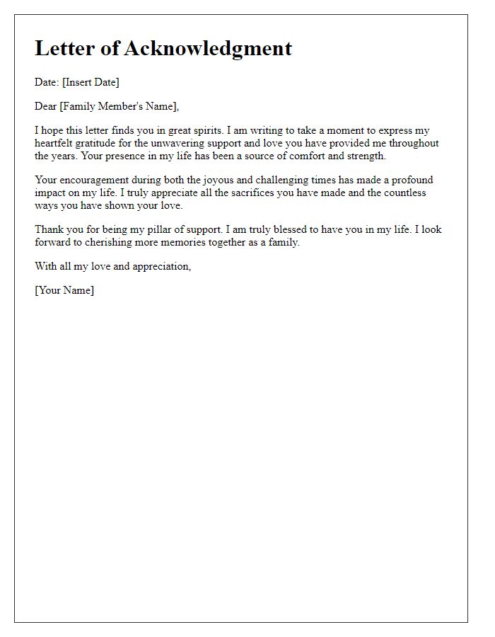 Letter template of acknowledgment for ongoing family support and love.