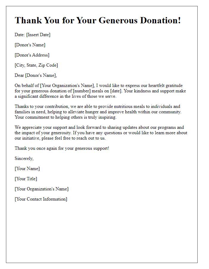 Letter template of acknowledgment for donated meals.