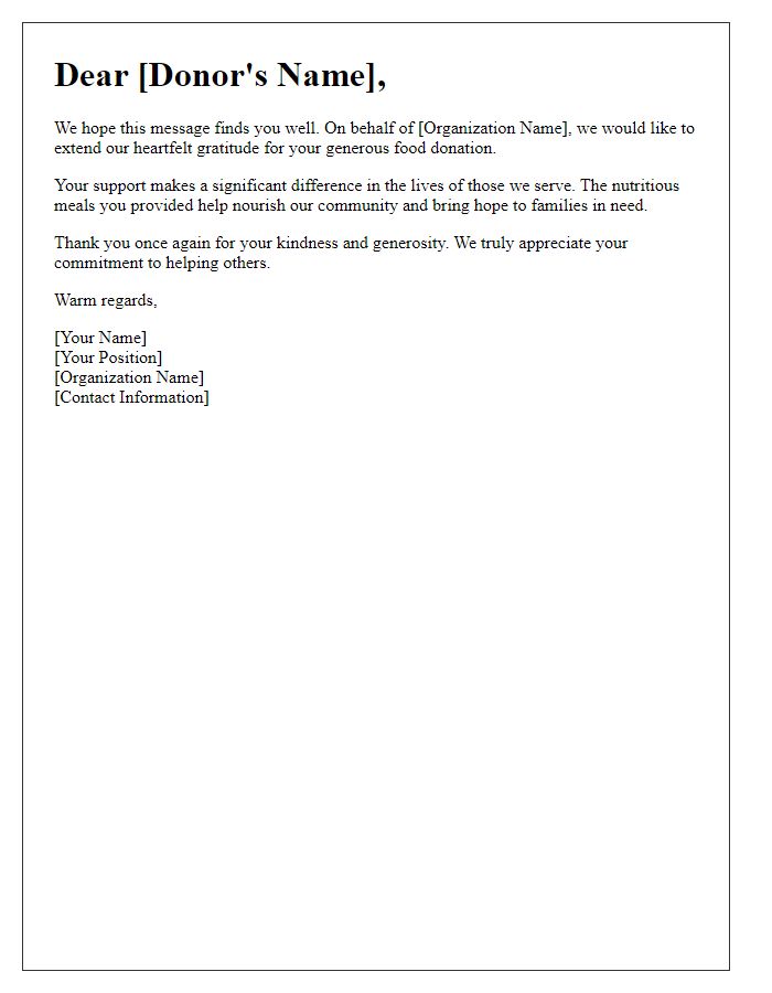 Letter template of appreciation for your food donation efforts.