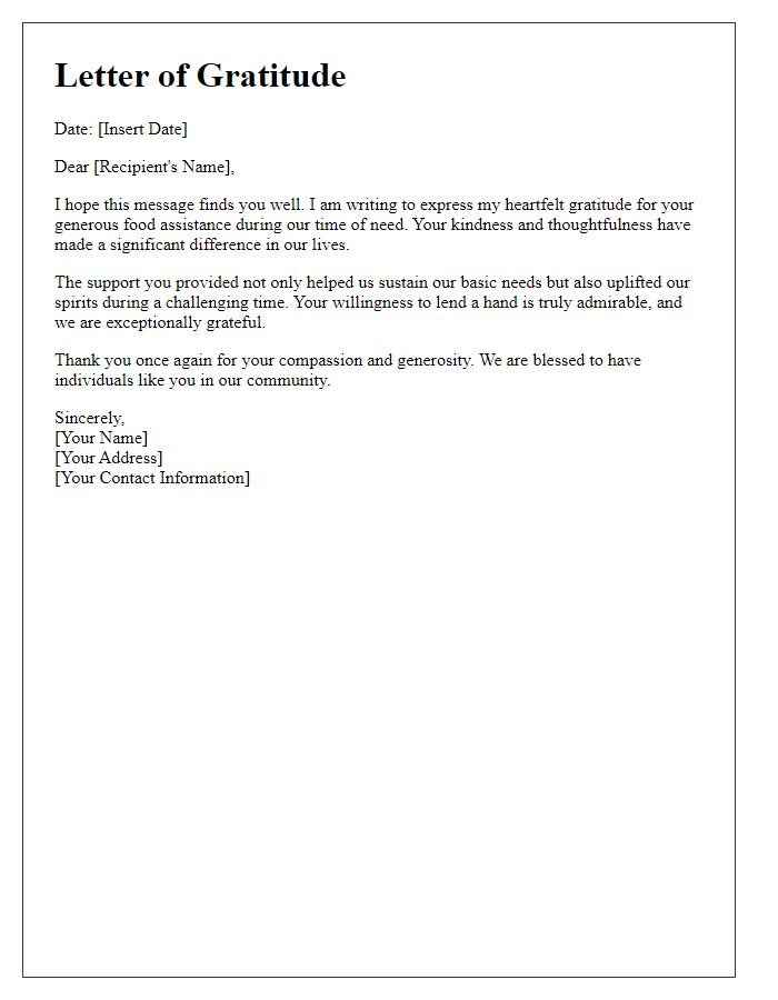 Letter template of gratitude for your generous food assistance.