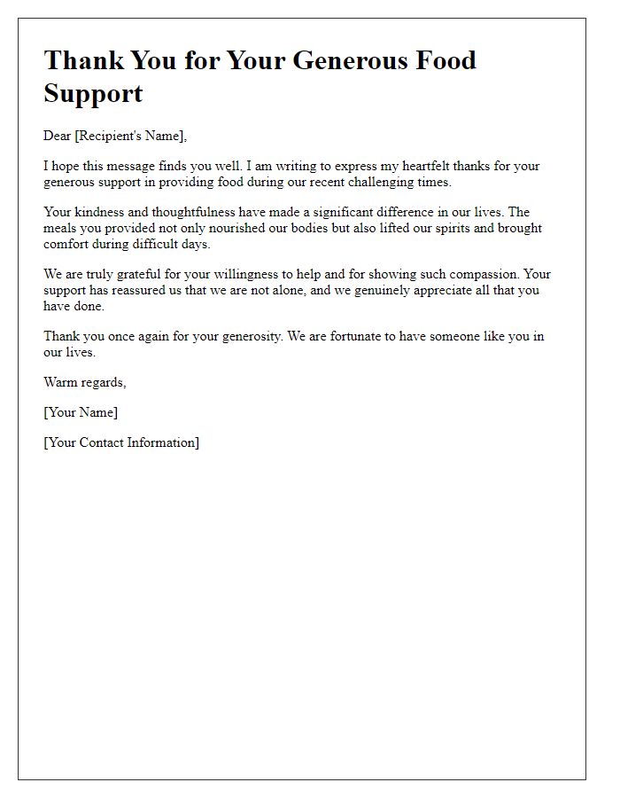 Letter template of heartfelt thanks for your food support.