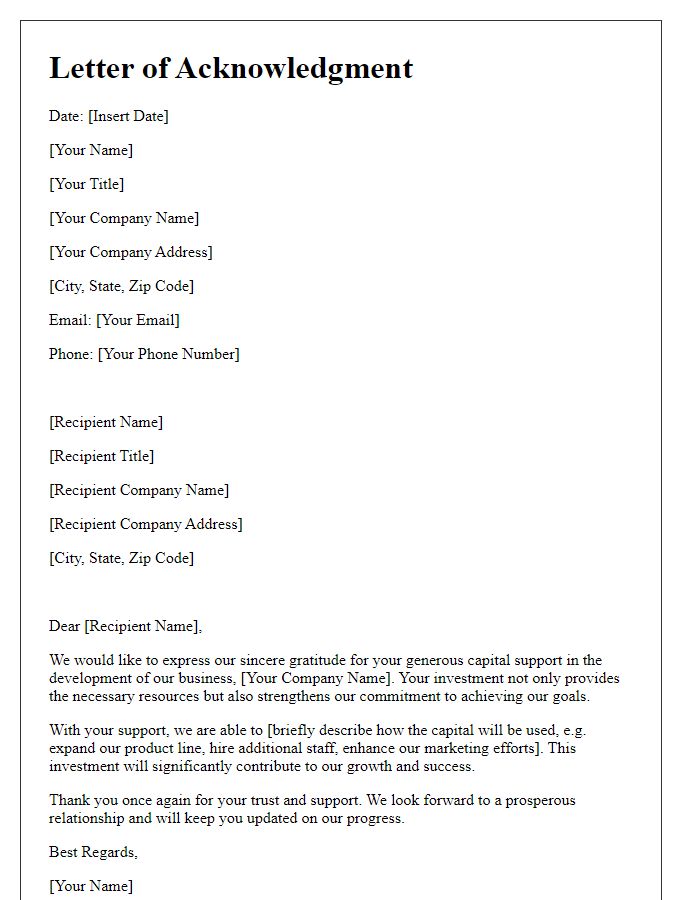 Letter template of acknowledgment for capital support in business development