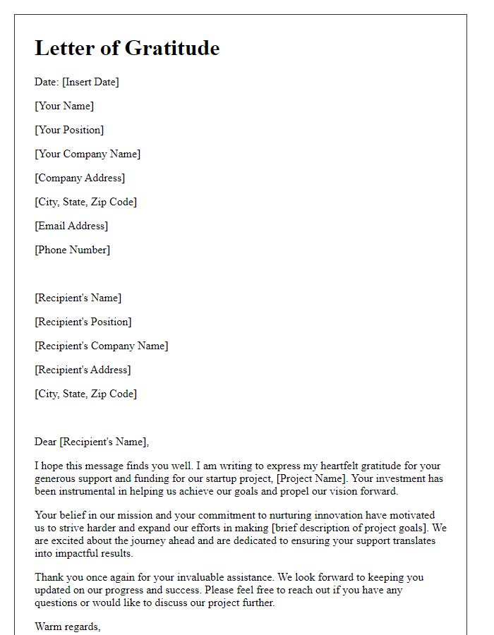 Letter template of gratitude for funding support in startup project