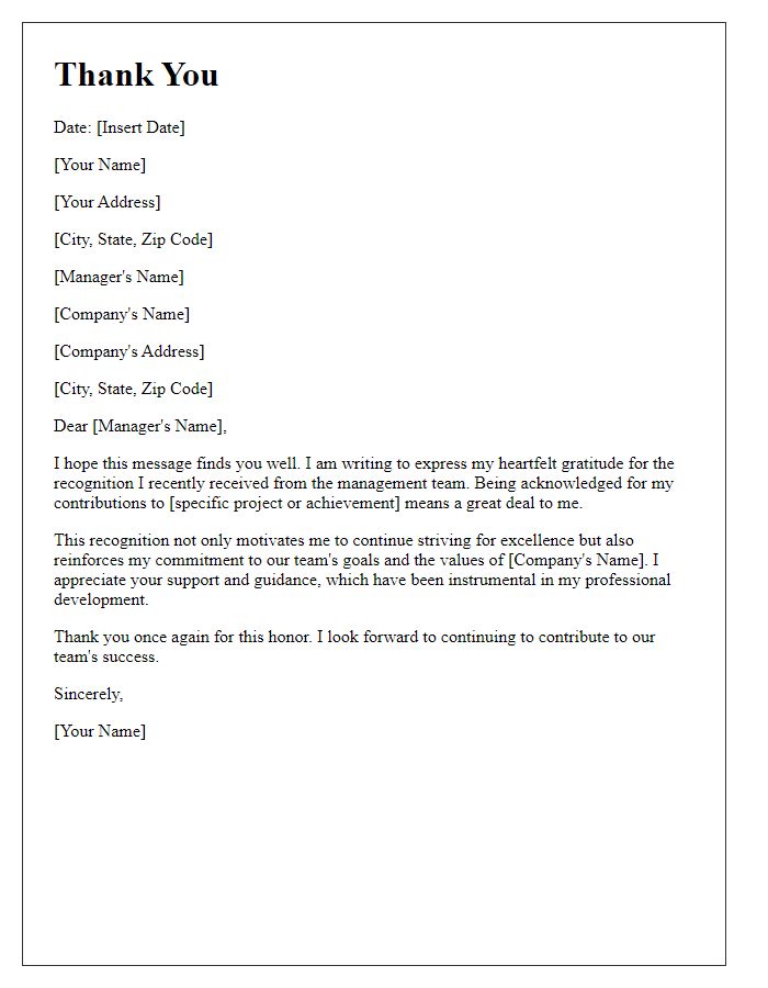 Letter template of thanks for receiving recognition from management.