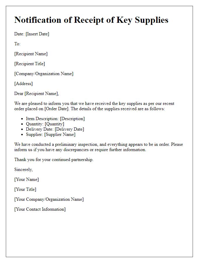 Letter template of notification for receipt of key supplies