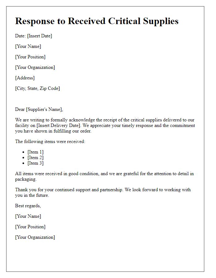 Letter template of response for received critical supplies