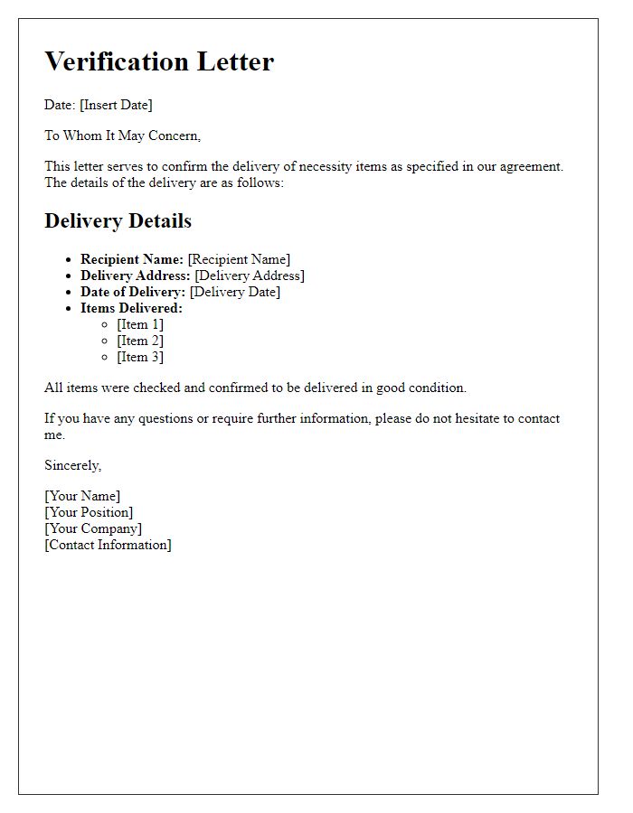 Letter template of verification for delivered necessity items