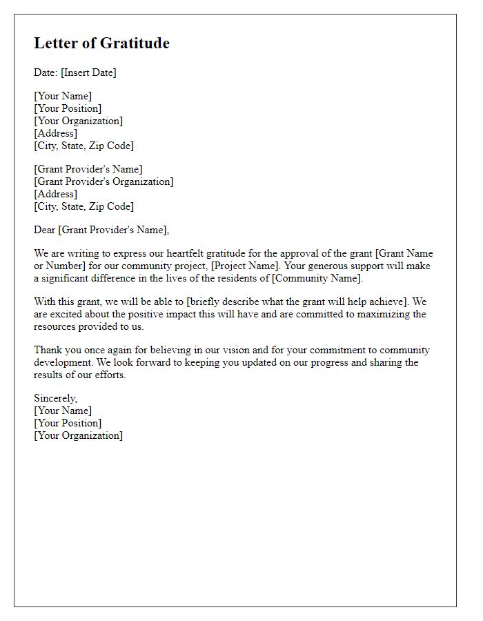 Letter template of gratitude for grant approval for community project.