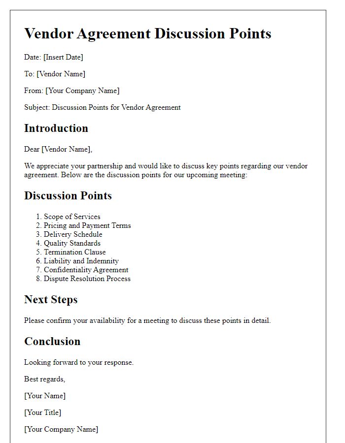 Letter template of vendor agreement discussion points