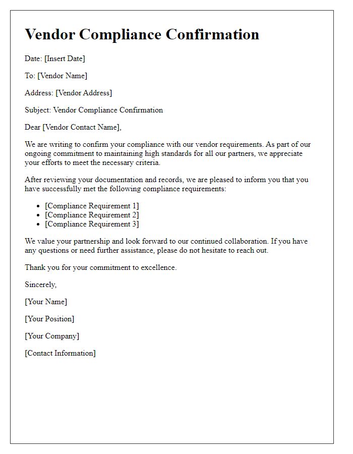 Letter template of vendor compliance confirmation