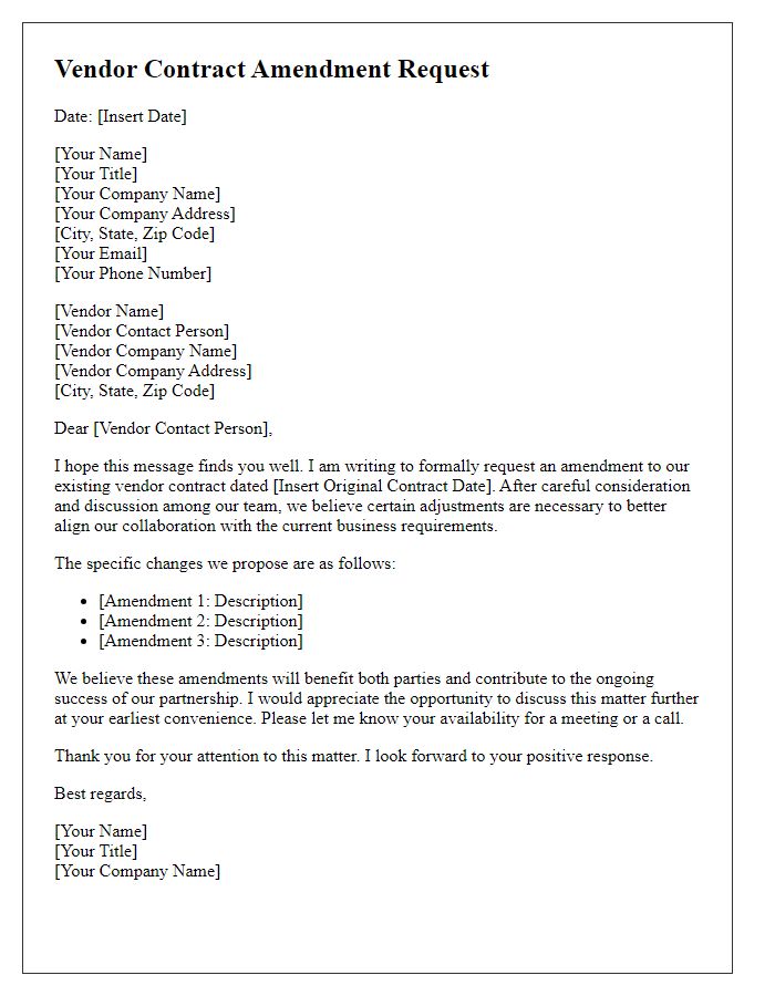 Letter template of vendor contract amendment request