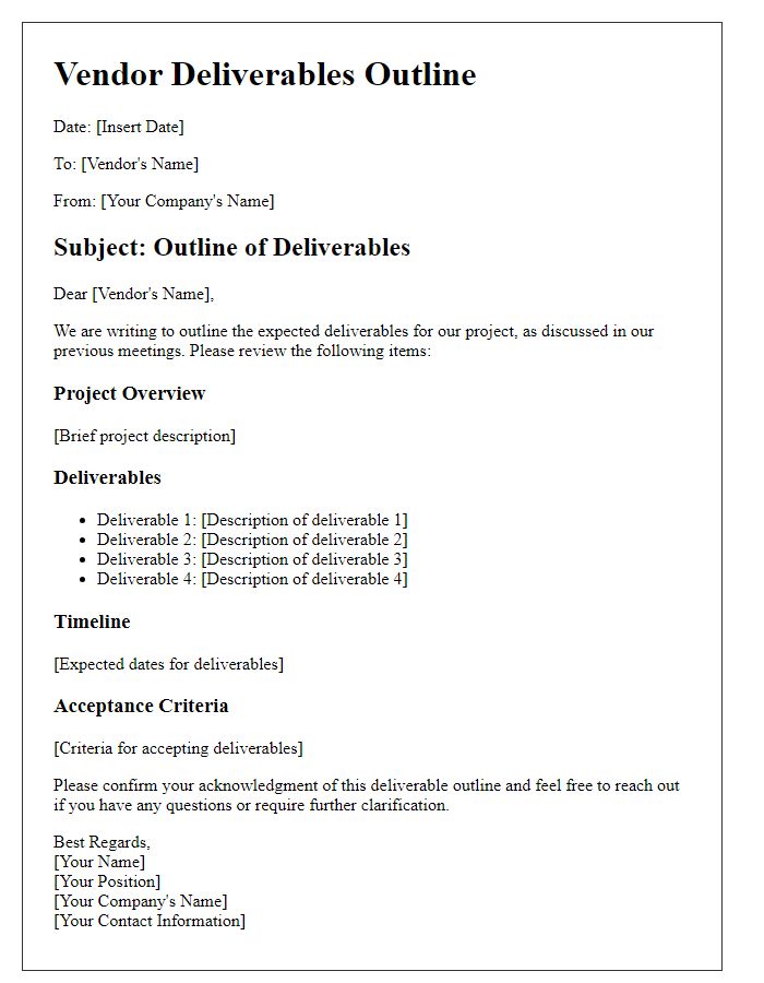 Letter template of vendor deliverables outline