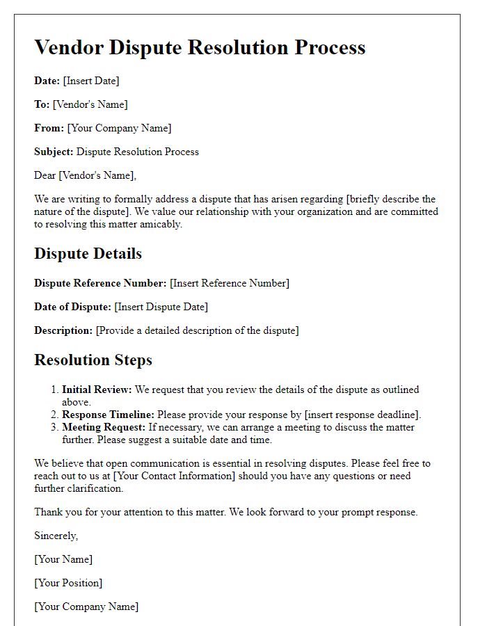 Letter template of vendor dispute resolution process