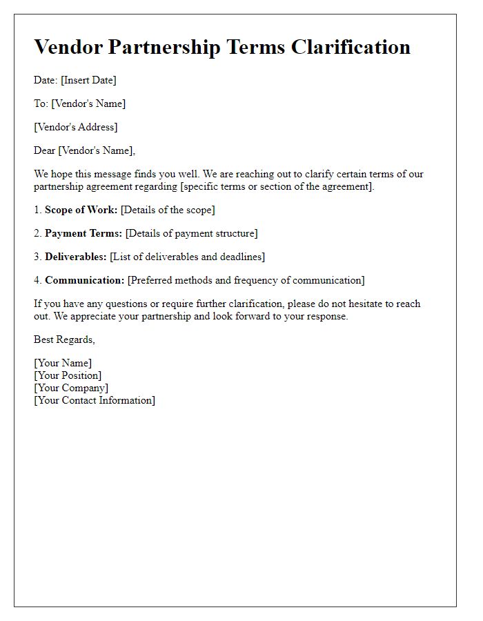 Letter template of vendor partnership terms clarification