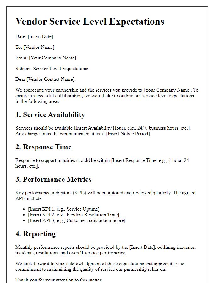 Letter template of vendor service level expectations