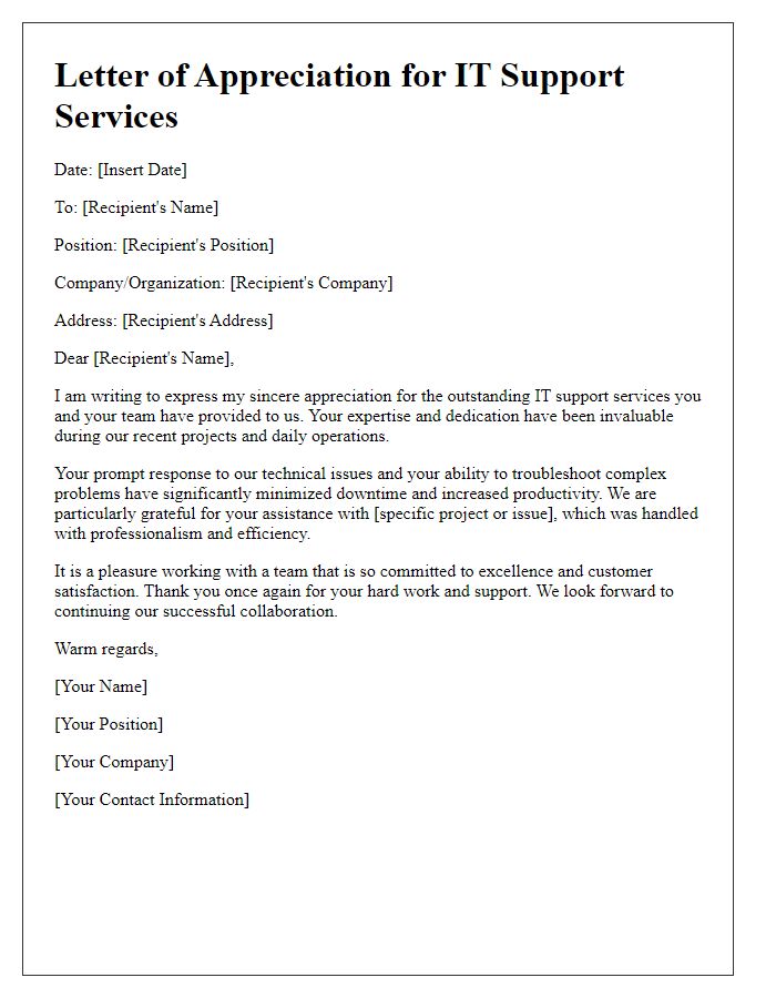 Letter template of appreciation for IT support services