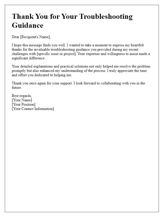 Letter template of thanks for troubleshooting guidance