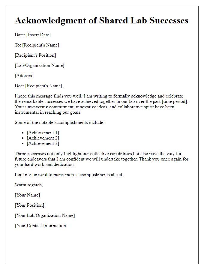 Letter template of acknowledgment for shared lab successes.