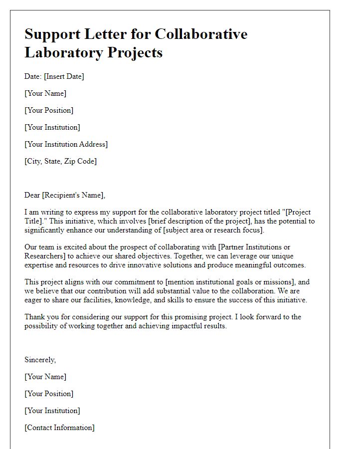 Letter template of support for collaborative laboratory projects.