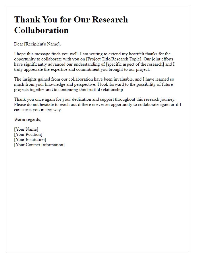 Letter template of thanks for joint research collaboration.