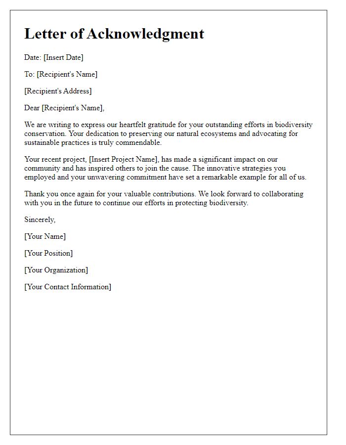 Letter template of acknowledgment for efforts in biodiversity conservation