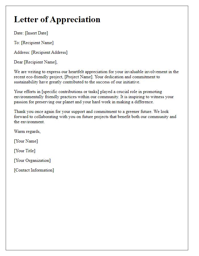 Letter template of appreciation for eco-friendly project involvement