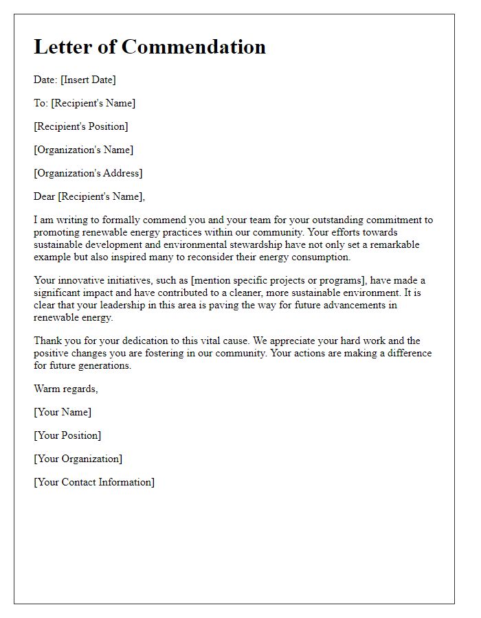 Letter template of commendation for promoting renewable energy practices