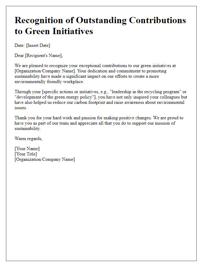 Letter template of recognition for contributions to green initiatives